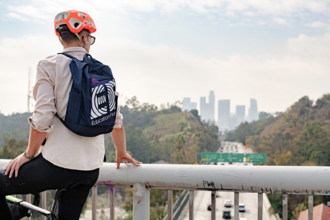 Taylor Phinney overlooking the freeway leading into downtown Los Angeles (Photo credit: Jordan Clark Haggard)